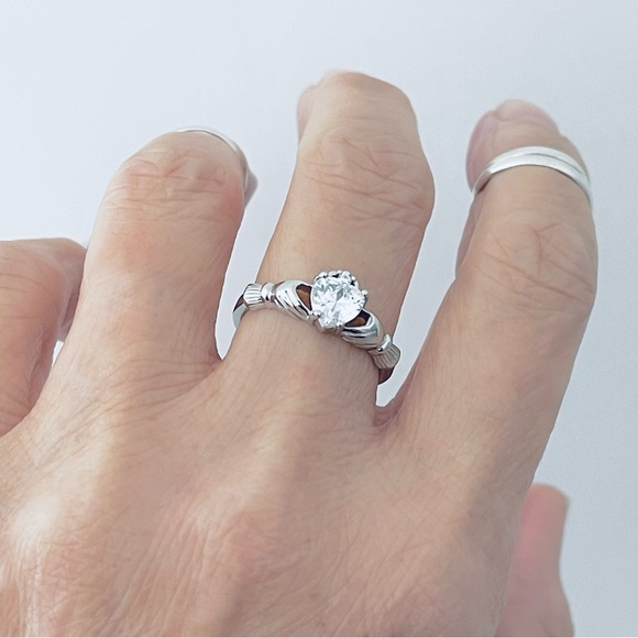 Sterling Silver Claddagh CZ Heart Ring, Irish Rings, April Birthstone Ring - Picture 7 of 10
